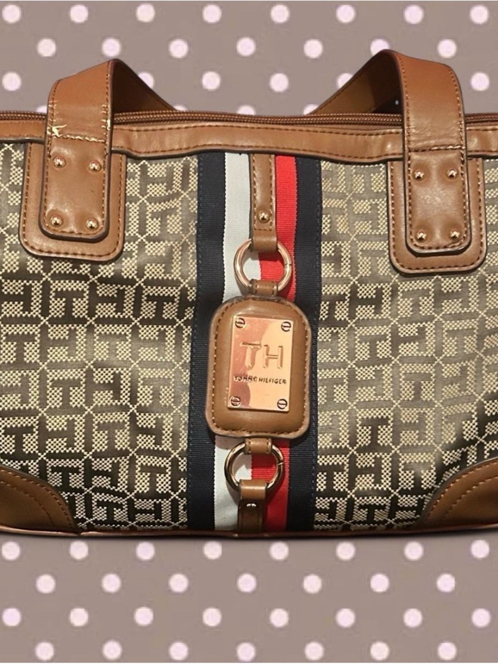 Tommy Hilfiger Brown Monogram Tote with Red, White & Blue Stripe